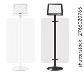 Floor tablet pad stand with blank graphic banner holders. White, black. Realistic 3d vector mockup. Transparent screen display digital kiosk front view. Easy editable mock-up. Template for design