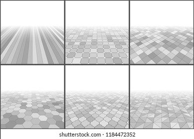 Floor texture in perspective. Set of abstract vector interior backgrounds. Space is half filled with tiles. Repeating pattern texture. Free field for text and objects. Architectural blank template.