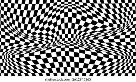 Floor in tile checker. Vector pattern of optical illusion. Moving wave with black and white squares. Op art. Background with chessboard grid. Abstract distorted texture. Psychedelic illustration.