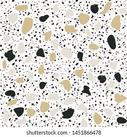 Floor tiles of Granito terrazzo mosaics decor styles of recycled glass, granite, marble chips. Encaustic tiles textured. Kithen and bathtubs surfaces. Abstract seamless pattern in black and white.