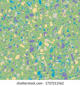 Floor tiles of Granito terrazzo mosaics decor styles of recycled glass, granite, marble chips. Encaustic tiles textured. Kithen and bathtubs surfaces. Abstract seamless pattern in cyan colour.