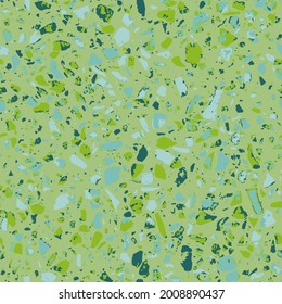 Floor tiles of Granito terrazzo mosaics decor styles of recycled glass, granite, marble chips. Encaustic tiles textured. Kithen and bathtubs surfaces. Abstract seamless pattern in green colour.