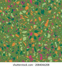 Floor tiles of Granito terrazzo mosaics decor styles of recycled glass, granite, marble chips. Encaustic tiles textured. Kithen and bathtubs surfaces. Abstract seamless pattern in green colour.