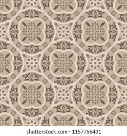 Floor tiles ornament brown vector pattern print. Neutral colors geometric hexagonal seamless backdrop.