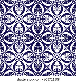 Floor tiles pattern vector with blue and white ornaments. Portuguese azulejo, mexican talavera, delft dutch, spanish, italian majolica or rococco motifs. 