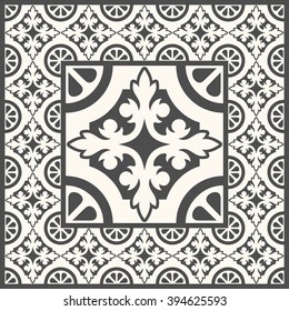 Floor tiles - seamless vintage pattern with cement tiles. Seamless  vector background. Vector illustration. One big tile in center is framed in small tiles.