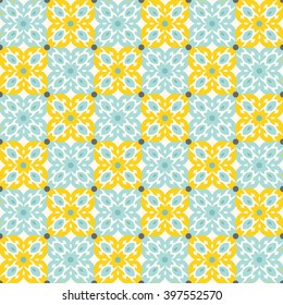 Floor tiles - seamless vintage pattern with cement tiles. Seamless vector background. Vector illustration. Yellow and teal colors.