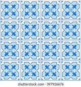 Floor tiles - seamless vintage pattern with cement tiles. Seamless vector background. Vector illustration. Blue and white colors, traditional for Dutch tiles. 