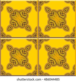 Floor tiles - seamless vintage pattern with cement tiles. Seamless vector background. Vector illustration. Retro colors - yellow and brown. Set of four tiles.