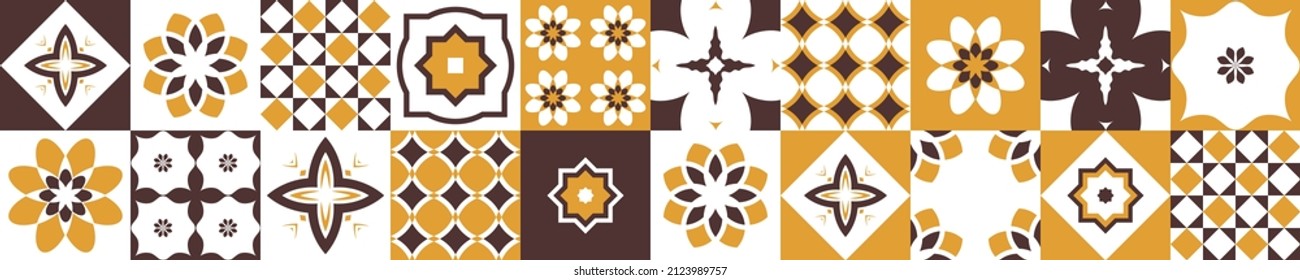 Floor or wall ceramic tile design, seamless pattern. Vector illustration. Patchwork background, geometric texture in yellow and brown colors.