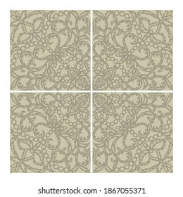 Diseño de baldosas de suelo o pared. Ornamento floral de calado clásico hecho de hojas delgadas y flores. Tonos grises y beige cálidos del patrón y el fondo. Textura abstracta cuadrada. Ilustración vectorial.