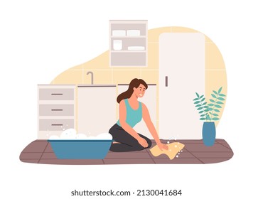 Floor washing at home. Mistress and household chores, daily routine. Young girl cleans kitchen, beauty and hygiene. Responsible character with basin with soap. Cartoon flat vector illustration