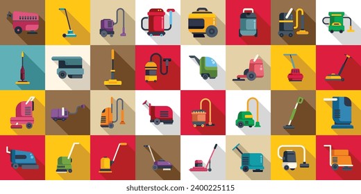 Floor washing machine icons set flat vector. Cleaning staff. Job apartment cleaner