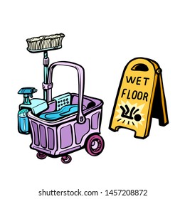 floor washing tools. Comic cartoon pop art retro vector illustration drawing