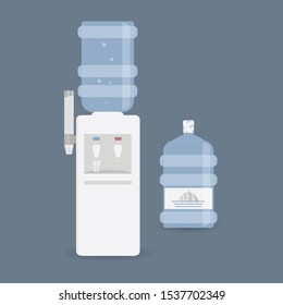 Floor water cooler with glass holder for office and home. Plastic bottle. Water dispenser with blue full bottle, as well hot and cold water taps. Isolated on blue background.Vector illustration