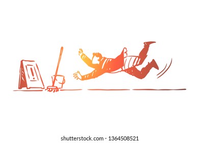 Floor, wet, caution, man, fall concept. Hand drawn warning sign of wet floor concept sketch. Isolated vector illustration.