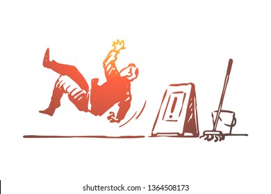 Floor, wet, caution, sign, slippery concept. Hand drawn man fell on the slippery floor concept sketch. Isolated vector illustration.