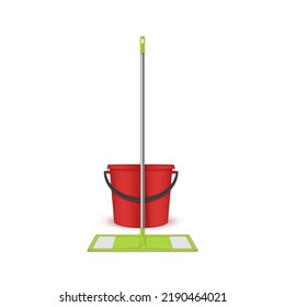 Ilustración vectorial realista del kit de limpieza húmeda del suelo y del cubo. Herramientas domésticas modernas para la limpieza de interiores. Equipo de lavado manual de artículos de limpieza con mango. Limpieza