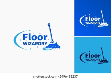 Logo de Floor Wizard Dry Floor Mop: Un diseño vibrante con un sombrero de mago encima de una fregona. Ideal para marcas de productos de limpieza, servicios de limpieza o tiendas de mejoras para el hogar. Vector EPS en capas