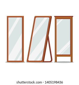 Floor wooden frames mirrors rectangular shapes set and isolated on white background. Hallway, bedroom interior design elements. Flat catroon style vector illustration.