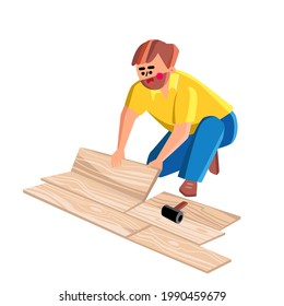 Floor Worker Lay Wooden Panel Of Laminate Vector. Floor Worker Man Laying Oak Wood Parquet, House Renovation Process. Character Handyman Professional Installation Flat Cartoon Illustration