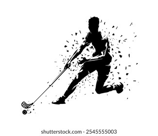 Floorbal player, distorted isolated vector silhouette, ink drawing, indoor sports