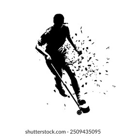 Floorbal player logo, woman playing floorball,  isolated vector silhouette, ink drawing