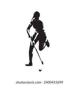 Floorball, active woman. Female floorball player, isolated vector silhouette
