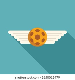 Floorball ball flying with white stylized wings on turquoise background, logo in flat design with long shadow