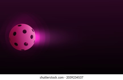 A floorball ball on an abstract dark background with bright pink glow.