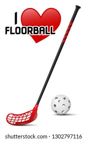 Floorball equipment - realistic vector illustration of ball and stick on white background and heart symbol