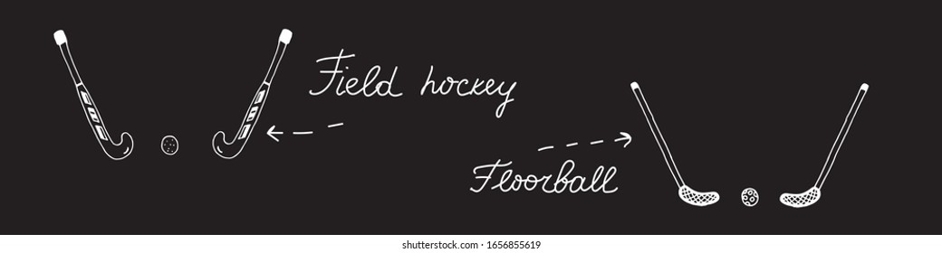 Floorball, field hockey banner on black background. Outdoor summer games. White line hockey sticks. Stock vector hand drawn illustration, isolated. Simple outline doodle design.