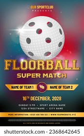 Floorball match poster template with ball and sample text in separate layer - vector illustration