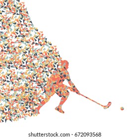 Floorball player indoor modern abstract vector background man with stick and ball made with fragments isolated on white