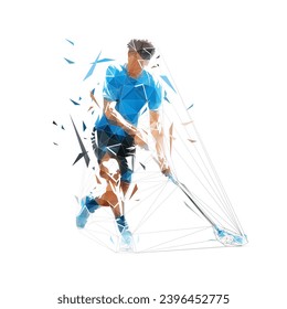 Floorball player, isolated low poly vector illustration. Team sport ahtlete, geometric drawing