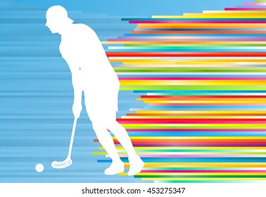 Floorball player man silhouette hockey with stick and ball illustration vector colorful concept with blue background and colorful stripes