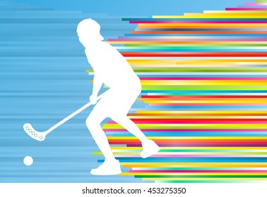 Floorball player man silhouette hockey with stick and ball illustration vector colorful concept with blue background and colorful stripes