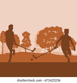 Floorball player in park with hockey stick and ball in sunset and in front of trees vector background