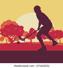 Floorball player in park with hockey stick and ball in sunset and in front of trees vector background
