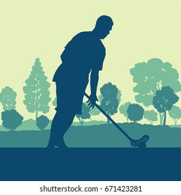 Floorball player in park with hockey stick and ball in sunset and in front of trees vector background