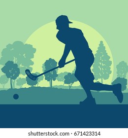 Floorball player in park with hockey stick and ball in sunset and in front of trees vector background