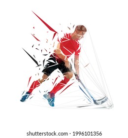 Floorball player running with ball, low polygonal vector illustration, geometric floorball logo from triangles