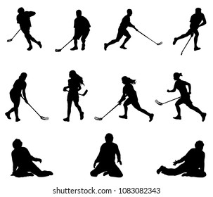 Floorball player silhouette. Men, women goalies Vector Illutrator