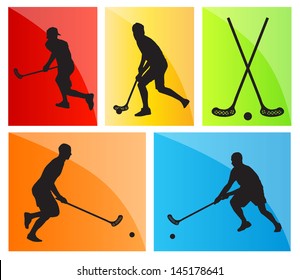 Floorball player vector silhouette background sport set