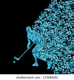 Floorball player vector silhouette made of triangle fragments vector abstract background