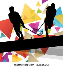 Floorball players silhouettes active and healthy sport vector abstract background illustration
