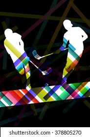 Floorball players silhouettes active and healthy sport vector abstract background illustration