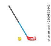 Floorball stick with red blade and yellow hollow plastic ball with holes isolated on white background, realistic 3d vector sports set equipment for indoor game.
