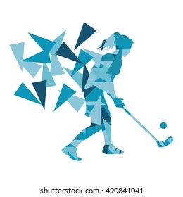 Floorball, Street Hockey Woman Player Abstract Illustration Made With Polygon Fragments Isolated On White