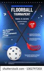 Floorball tournament invitation template with ball, sticks and sample text in separate layer - vector illustration